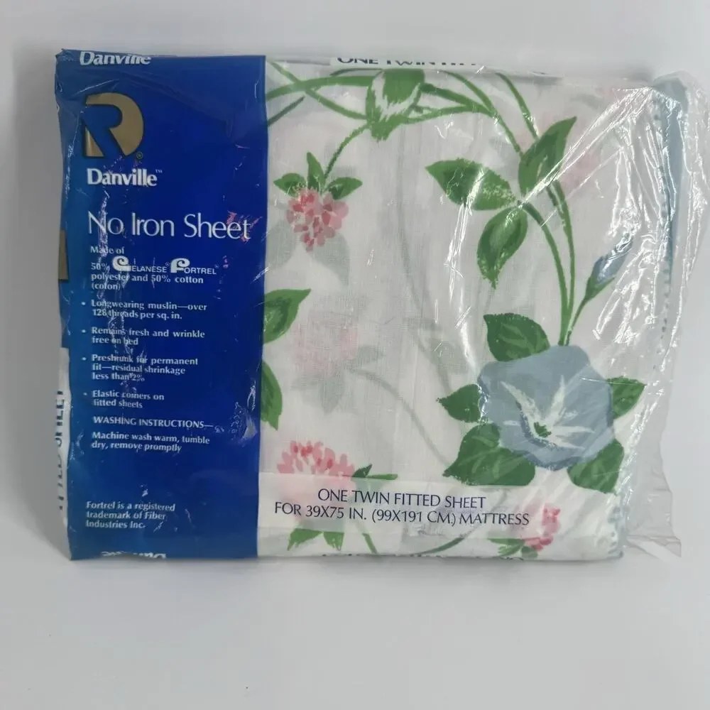 Vtg Danville Twin Fitted Sheet NOS Pink Rose FLORAL White Blue Polyester Cotton
